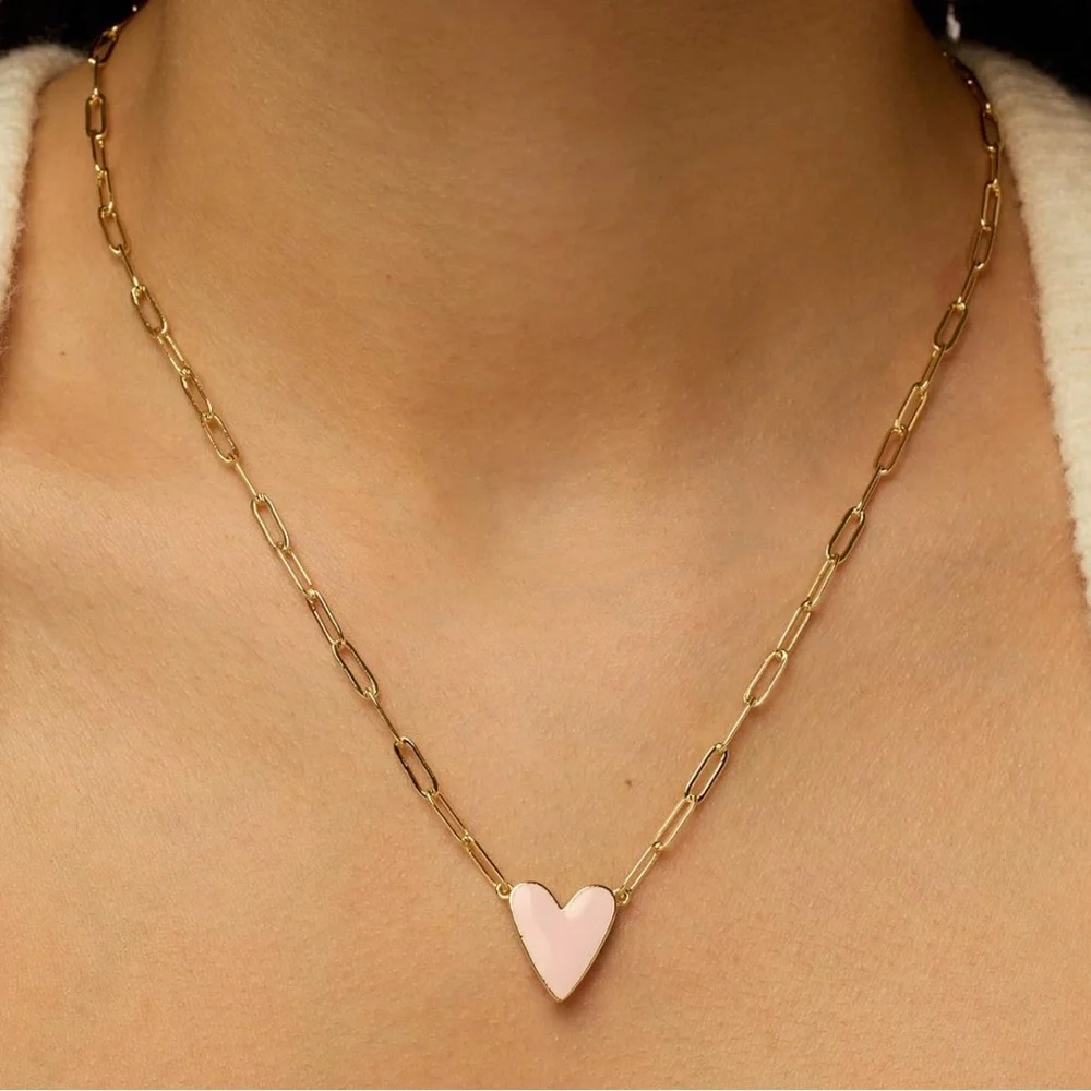 14K Gold Plated Enamel pink Heart paperclip chain necklace 🤍🩷🩵 - Picture 3 of 4